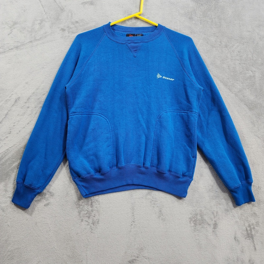 Vintage 80s Dunlop Sweatshirt Mens M Blue Crew Neck Pockets Tennis Logo Pullover
